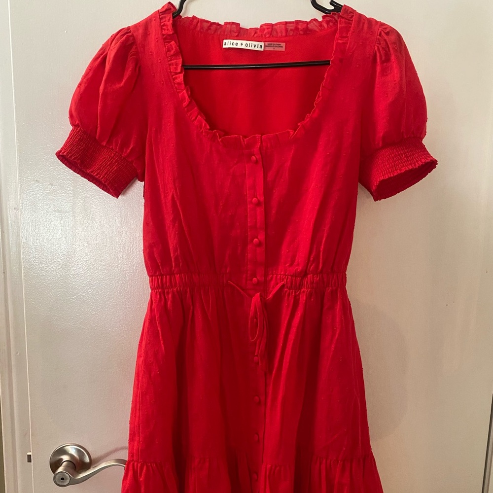 Alice + Olivia Women's Red Avi Cotton Ruffle Swiss Dot Mini Dress Size 0
